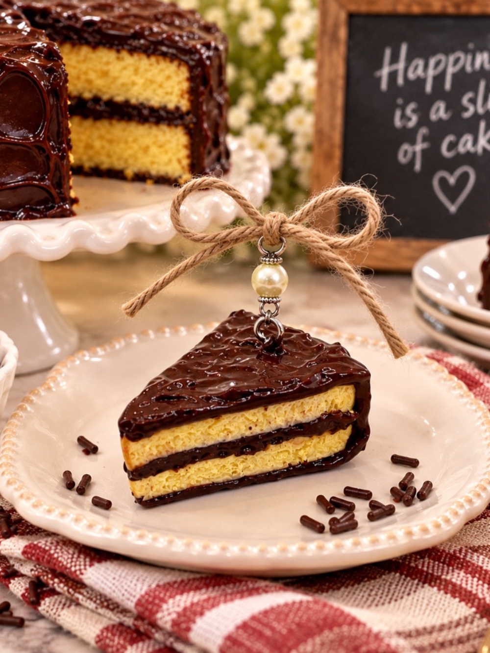 Handmade Yellow Cake with Chocolate Icing Ornament | Miniature Dessert Christmas